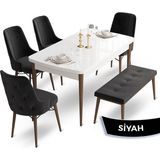 Canisa Concept Ahu Serisi 80x132 cm Beyaz Masa Ceviz Ayak 4 Sandalye 1 Bench Siyah Mutfak Masa Takımı