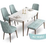 Canisa Concept Ahu Serisi 80x132 cm Beyaz Masa Ceviz Ayak 4 Sandalye 1 Bench Su Yeşili Mutfak Masa Takımı