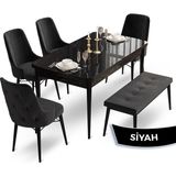 Canisa Concept Ahu SERISI80 x 132 cm Açılabilir Siyah Mermer Desen Mutfak Masa Takımı 4 Sandalye 1 Bench - 80x132