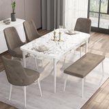 Canisa Concept Are Serisi 80 x 132 cm Açılabilir Benchli Mdf Beyaz Mermer Desen Mutfak Masa Takımı 4 Sandalye 1 Bench - 80x132 - Cappuccino