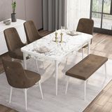 Canisa Concept Are Serisi 80 x 132 cm Açılabilir Benchli Mdf Beyaz Mermer Desen Mutfak Masa Takımı 4 Sandalye 1 Bench - 80x132 - Kahverengi