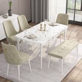 Canisa Concept Are Serisi 80 x 132 cm Açılabilir Benchli Mdf Beyaz Mermer Desen Mutfak Masa Takımı 4 Sandalye 1 Bench - 80x132 - Krem