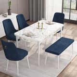 Canisa Concept Are Serisi 80 x 132 cm Açılabilir Benchli Mdf Beyaz Mermer Desen Mutfak Masa Takımı 4 Sandalye 1 Bench - 80x132 - Lacivert