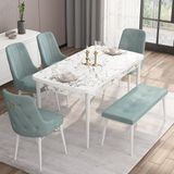 Canisa Concept Are Serisi 80 x 132 cm Açılabilir Benchli Mdf Beyaz Mermer Desen Mutfak Masa Takımı 4 Sandalye 1 Bench - 80x132 - Su Yeşili