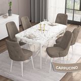 Canisa Concept Are Serisi 80 x 132 cm Açılabilir Mdf Beyaz Mermer Desen Masa Takımı 6 Sandalye Gümüş Halkalı - 80x132 - Cappuccino