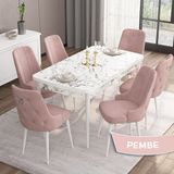 Canisa Concept Are Serisi 80 x 132 cm Açılabilir Mdf Beyaz Mermer Desen Masa Takımı 6 Sandalye Gümüş Halkalı - 80x132 - Pembe