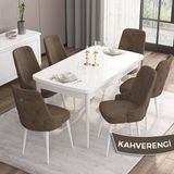 Canisa Concept Are Serisi 80 x 132 cm Açılabilir Mdf Masa Beyaz Mutfak Masa Takımı 6 Sandalye Gümüş Halkalı - 80x132 - Kahverengi
