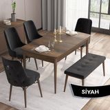 Canisa Concept Are Serisi 80 x 132 cm Barok Ahşap Desen Masa Takımı 4 Sandalye Gümüş Halkalı 1 Bench - Siyah