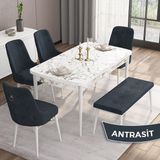 Canisa Concept Are Serisi 80 x 132 cm Mdf Beyaz Mermer Desen Mutfak Masa Takımı 4 Sandalye 1 Bench - Antrasit