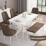 Canisa Concept Are Serisi 80 x 132 cm Mdf Beyaz Mermer Desen Mutfak Masa Takımı 4 Sandalye 1 Bench - Kahverengi