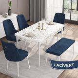 Canisa Concept Are Serisi 80 x 132 cm Mdf Beyaz Mermer Desen Mutfak Masa Takımı 4 Sandalye 1 Bench - Lacivert
