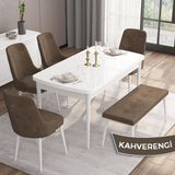 Canisa Concept Are Serisi 80 x 132 cm Mdf Beyaz Mutfak Masa Takımı 4 Sandalye Gümüş Halkalı ve 1 Bench - Kahverengi