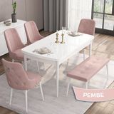 Canisa Concept Are Serisi 80 x 132 cm Mdf Beyaz Mutfak Masa Takımı 4 Sandalye Gümüş Halkalı ve 1 Bench - Pembe