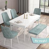 Canisa Concept Are Serisi 80 x 132 cm Mdf Beyaz Mutfak Masa Takımı 4 Sandalye Gümüş Halkalı ve 1 Bench - Su Yeşili