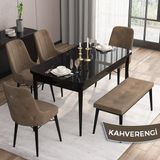 Canisa Concept Are Serisi 80 x 132 cm Siyah Mermer Desen Masa Takımı 4 Sandalye Gümüş Halkalı ve 1 Bench - Kahverengi