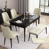 Canisa Concept Are Serisi 80 x 132 cm Siyah Mermer Desen Masa Takımı 4 Sandalye Gümüş Halkalı ve 1 Bench - Krem