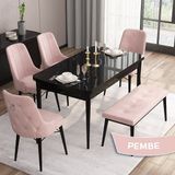 Canisa Concept Are Serisi 80 x 132 cm Siyah Mermer Desen Masa Takımı 4 Sandalye Gümüş Halkalı ve 1 Bench - Pembe