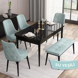 Canisa Concept Are Serisi 80 x 132 cm Siyah Mermer Desen Masa Takımı 4 Sandalye Gümüş Halkalı ve 1 Bench - Su Yeşili