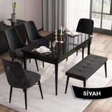 Canisa Concept Are Serisi 80 x 132 cm Siyah Mermer Desen Masa Takımı 4 Sandalye Gümüş Halkalı ve 1 Bench
