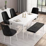 Canisa Concept Are Serisi, 80X132 Açılabilir Benchli Mdf Beyaz Mutfak Masa Takımı, 4 Sandalye 1 Bench - Siyah