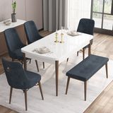 Canisa Concept Are Serisi, 80X132 Açılabilir Mdf Beyaz Masa Ceviz Ayak Masa Takımı, 4 Sandalye 1 Bench - Antrasit
