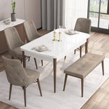 Canisa Concept Are Serisi, 80X132 Açılabilir Mdf Beyaz Masa Ceviz Ayak Masa Takımı, 4 Sandalye 1 Bench - Cappuccino