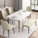 Canisa Concept Are Serisi, 80X132 Açılabilir Mdf Beyaz Masa Ceviz Ayak Masa Takımı, 4 Sandalye 1 Bench - Krem