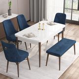 Canisa Concept Are Serisi, 80X132 Açılabilir Mdf Beyaz Masa Ceviz Ayak Masa Takımı, 4 Sandalye 1 Bench - Lacivert