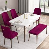 Canisa Concept Are Serisi, 80X132 Açılabilir Mdf Beyaz Masa Ceviz Ayak Masa Takımı, 4 Sandalye 1 Bench - Mürdüm