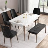 Canisa Concept Are Serisi, 80X132 Açılabilir Mdf Beyaz Masa Ceviz Ayak Masa Takımı, 4 Sandalye 1 Bench - Siyah