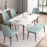 Canisa Concept Are Serisi, 80X132 Açılabilir Mdf Beyaz Masa Ceviz Ayak Masa Takımı, 4 Sandalye 1 Bench - Su Yeşili