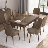 Canisa Concept Are Serisi, 80X132 Açılabilir Mdf Masa, Barok Ahşap Desenli Mutfak Masa Takımı, 6 Sandalye - Kahverengi