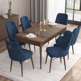 Canisa Concept Are Serisi, 80X132 Açılabilir Mdf Masa, Barok Ahşap Desenli Mutfak Masa Takımı, 6 Sandalye - Lacivert