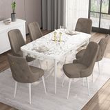 Canisa Concept Are Serisi, 80X132 Açılabilir Mdf Masa, Beyaz Mermer Desen Mutfak Masa Takımı, 6 Sandalye - Cappuccino