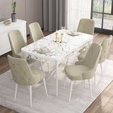 Canisa Concept Are Serisi, 80X132 Açılabilir Mdf Masa, Beyaz Mermer Desen Mutfak Masa Takımı, 6 Sandalye - Krem