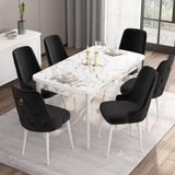 Canisa Concept Are Serisi, 80X132 Açılabilir Mdf Masa, Beyaz Mermer Desen Mutfak Masa Takımı, 6 Sandalye - Siyah