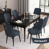 Canisa Concept Are Serisi, 80X132 Açılabilir Mdf Masa, Siyah Mermer Desen Mutfak Masa Takımı, 6 Sandalye - 80x130 - Antrasit