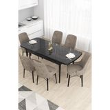 Canisa Concept Are Serisi, 80X132 Açılabilir Mdf Masa, Siyah Mermer Desen Mutfak Masa Takımı, 6 Sandalye - 80x130 - Cappuccino