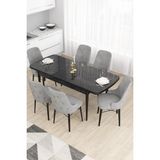 Canisa Concept Are Serisi, 80X132 Açılabilir Mdf Masa, Siyah Mermer Desen Mutfak Masa Takımı, 6 Sandalye - 80x130 - Gri