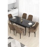 Canisa Concept Are Serisi, 80X132 Açılabilir Mdf Masa, Siyah Mermer Desen Mutfak Masa Takımı, 6 Sandalye - 80x130 - Kahverengi