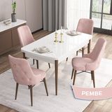 Canisa Concept Are Serisi Beyaz Masa Ceviz Ayak Mdf 80X132 Açılabilir Mutfak Masa Takımı 4 Sandalye Gold Halkalı - Pembe