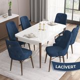Canisa Concept Are Serisi, Beyaz Masa Ceviz Ayak Mdf 80X132 Açılabilir Mutfak Masa Takımı, 6 Sandalye Gold Halkalı - Lacivert