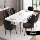 Canisa Concept Are Serisi, Beyaz Masa Ceviz Ayak Mdf 80X132 Açılabilir Mutfak Masa Takımı, 6 Sandalye Gold Halkalı - Siyah