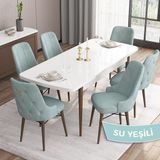 Canisa Concept Are Serisi, Beyaz Masa Ceviz Ayak Mdf 80X132 Açılabilir Mutfak Masa Takımı, 6 Sandalye Gold Halkalı - Su Yeşili