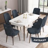 Canisa Concept Are Serisi Mdf 80 x 132 cm Açılabilir Beyaz Masa Ceviz Ayak Mutfak Masası Takımı 6 Sandalye Gümüş Halkalı - 80x132 - Antrasit