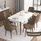 Canisa Concept Are Serisi Mdf 80 x 132 cm Açılabilir Beyaz Masa Ceviz Ayak Mutfak Masası Takımı 6 Sandalye Gümüş Halkalı - 80x132 - Kahverengi