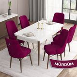 Canisa Concept Are Serisi Mdf 80 x 132 cm Açılabilir Beyaz Masa Ceviz Ayak Mutfak Masası Takımı 6 Sandalye Gümüş Halkalı - 80x132 - Mürdüm
