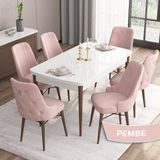 Canisa Concept Are Serisi Mdf 80 x 132 cm Açılabilir Beyaz Masa Ceviz Ayak Mutfak Masası Takımı 6 Sandalye Gümüş Halkalı - 80x132 - Pembe