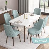Canisa Concept Are Serisi Mdf 80 x 132 cm Açılabilir Beyaz Masa Ceviz Ayak Mutfak Masası Takımı 6 Sandalye Gümüş Halkalı - 80x132 - Su Yeşili