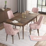 Canisa Concept Are Serisi, Mdf 80X132 Açılabilir Barok Ahşap Desen Mutfak Masa Takımı, 4 Sandalye Gold Halkalı - Pembe